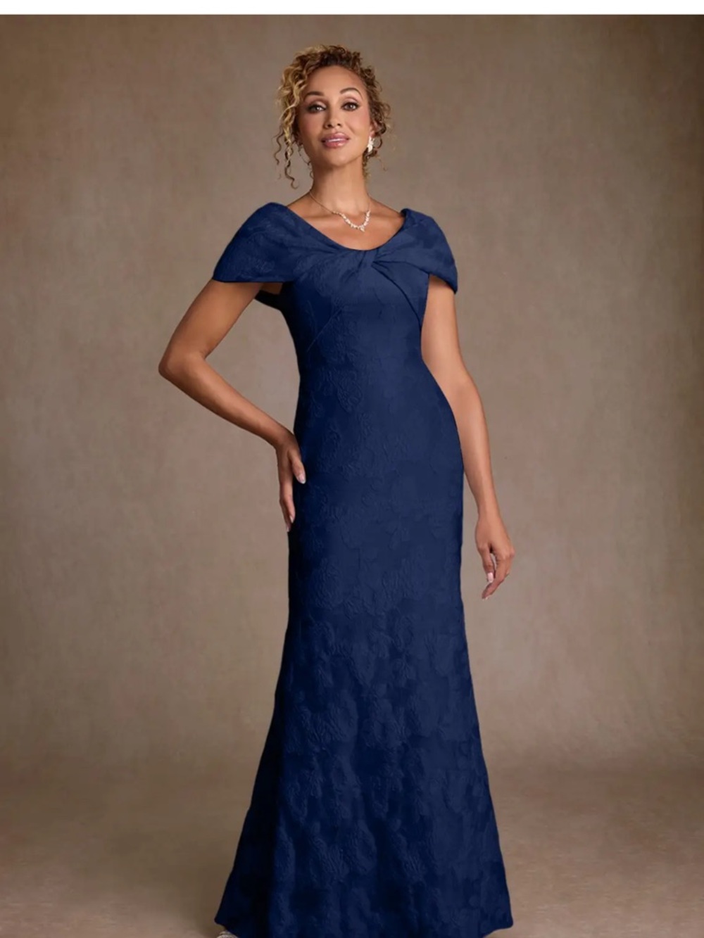 Azazie Navy One-Shoulder Twist Jacquard Dress